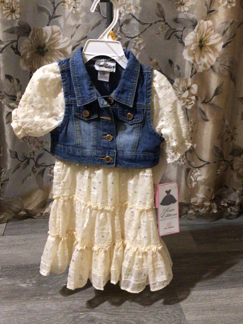 Rare Editions Blue Denim Vest with Cream Eyelet Dress